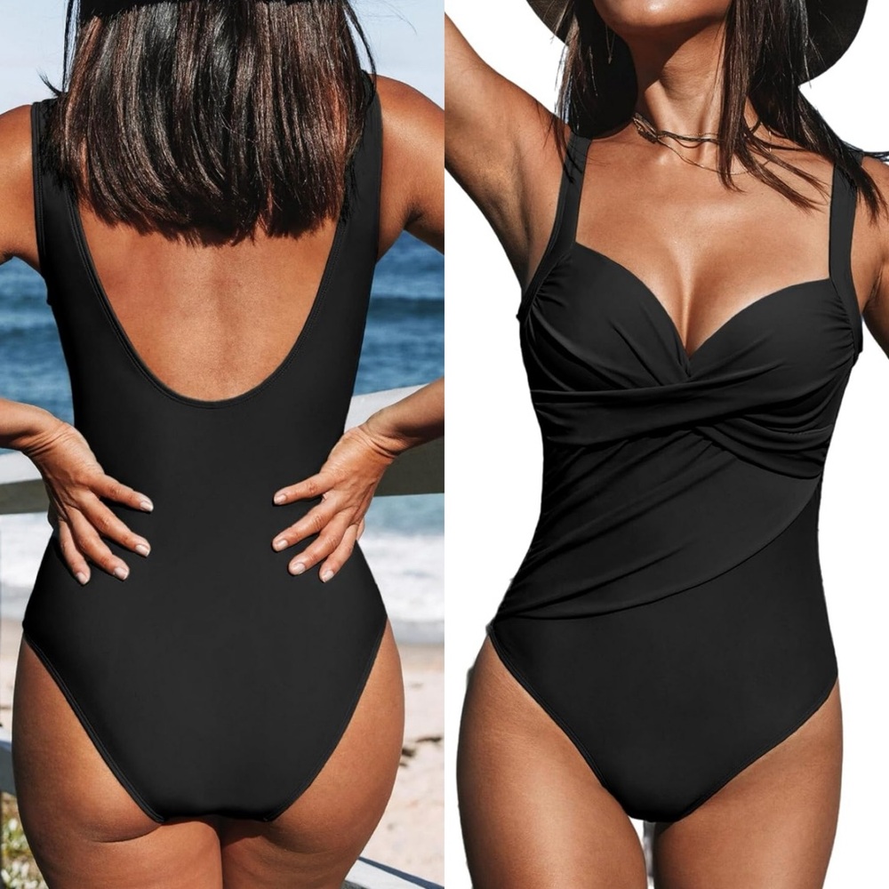Women's One Piece Swimsuits Bathing Suits V Neck Twist Ruched Wide Straps U Back